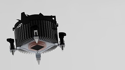 CAD-Modell eines CPU-Kühlkörpers mit Kupferkern und Lüfter